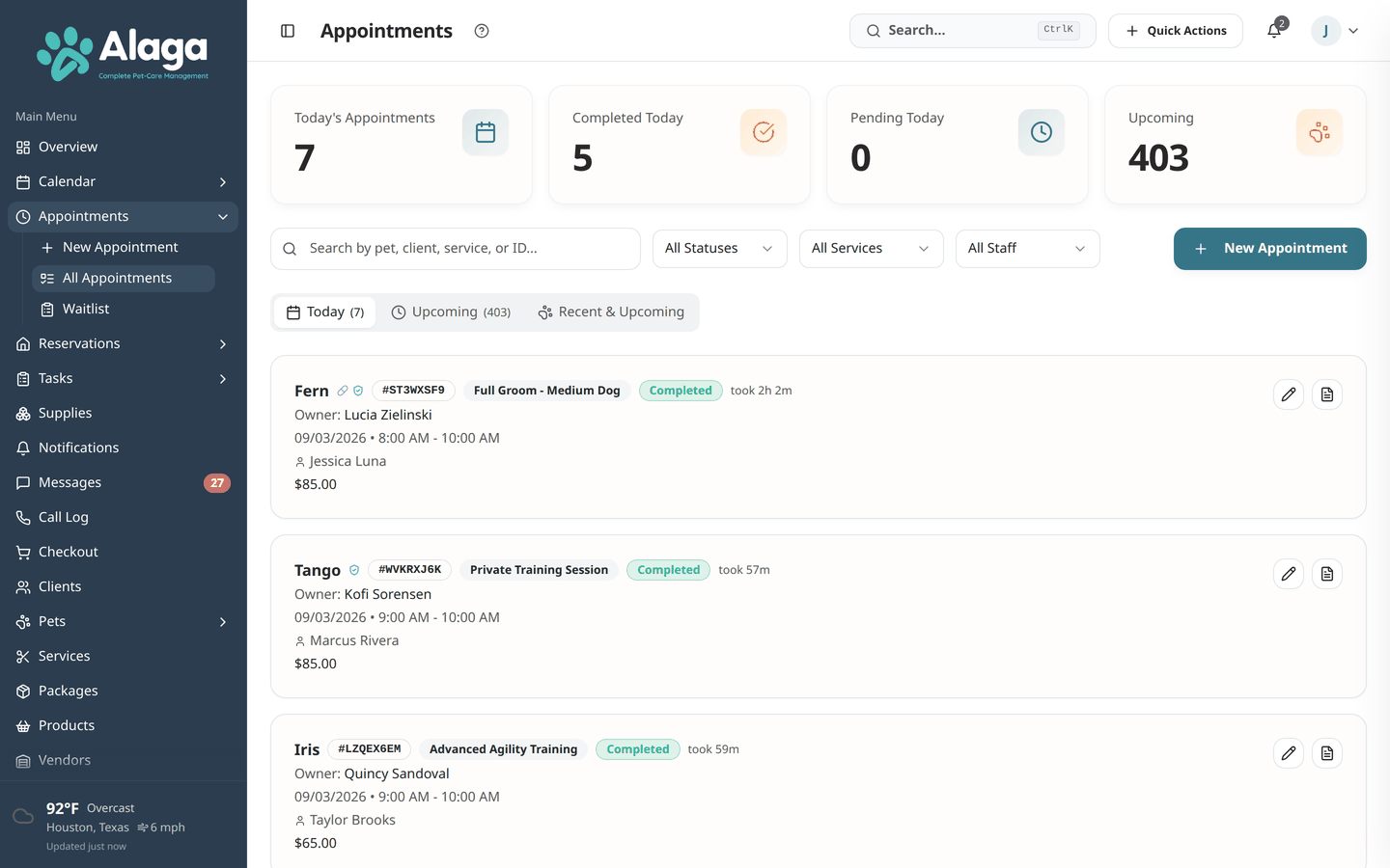 Alaga appointments page showing today's grooming schedule with status tracking and filters