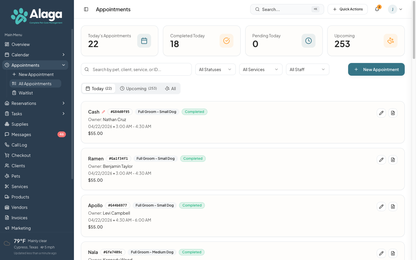 Alaga appointments page showing today's grooming schedule with status tracking and filters