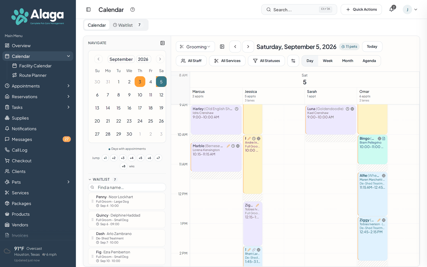 Alaga scheduling calendar with appointments for grooming, boarding, and daycare