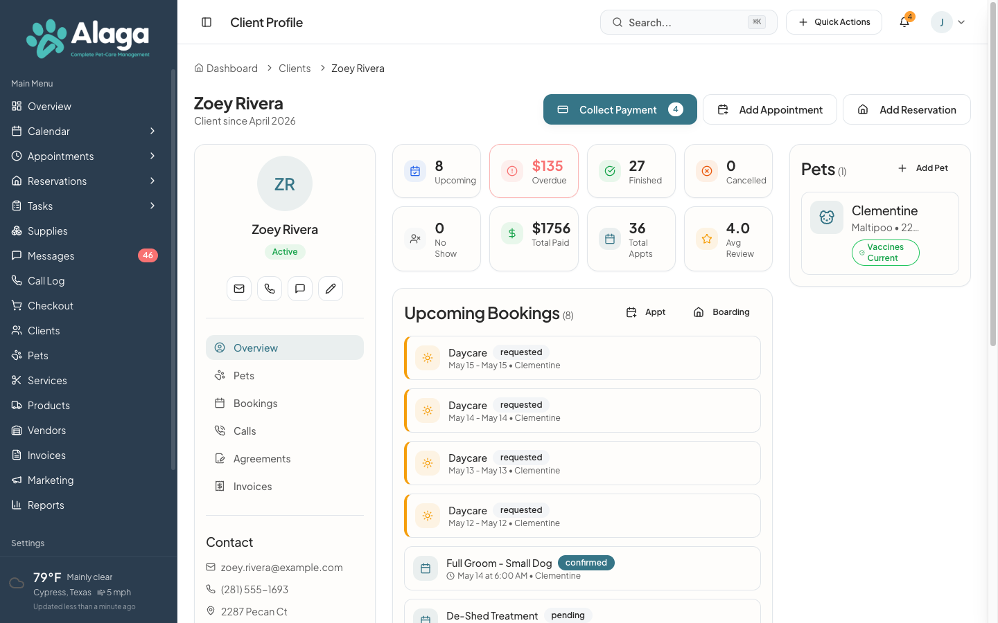 Alaga client profile showing Zoey Rivera with metrics, pets, and upcoming bookings