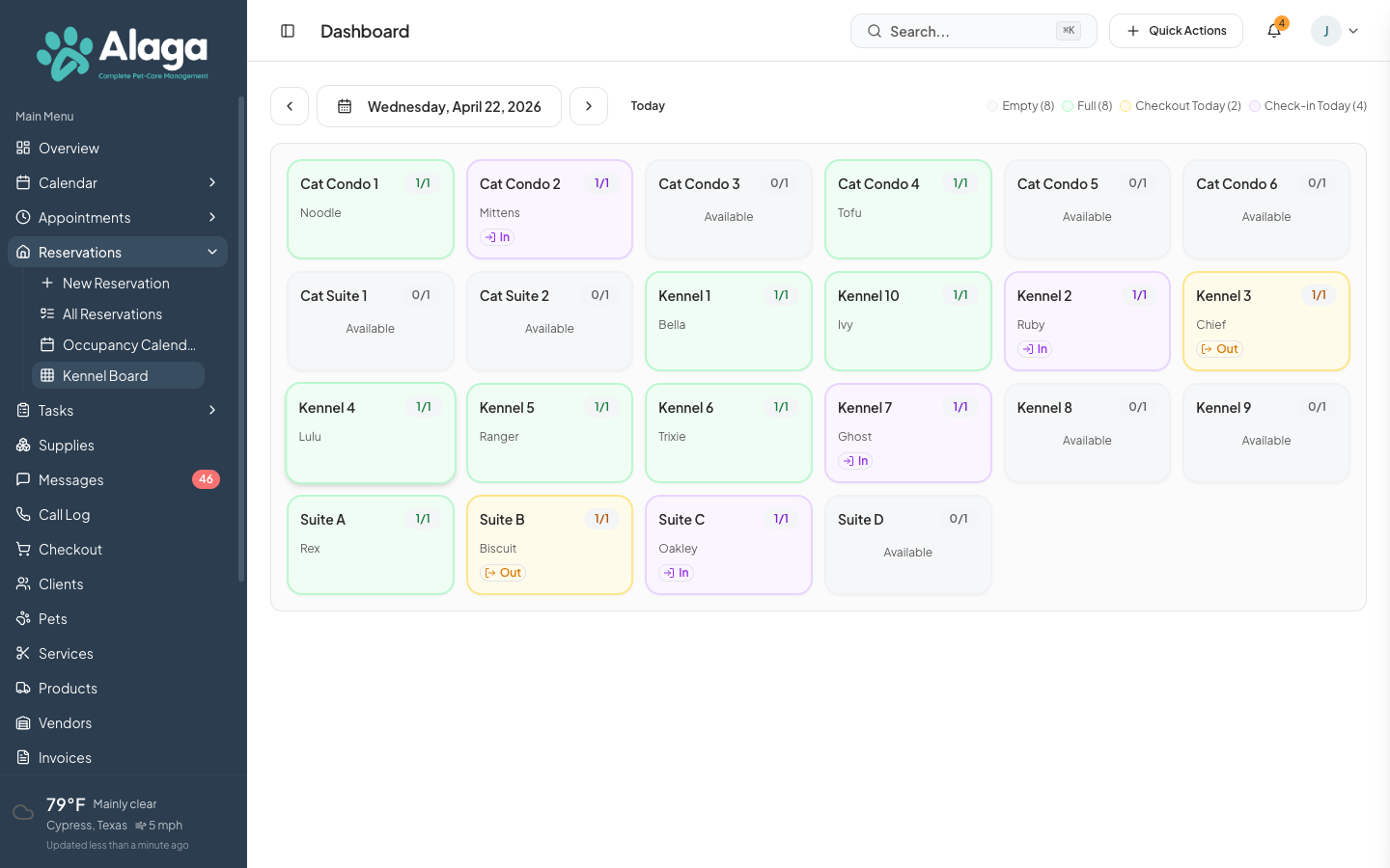 Alaga kennel board showing room assignments, occupancy, and check-in status for boarding pets